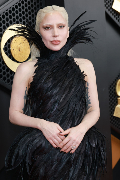 Lady Gaga posing in a highneck black feathered dress